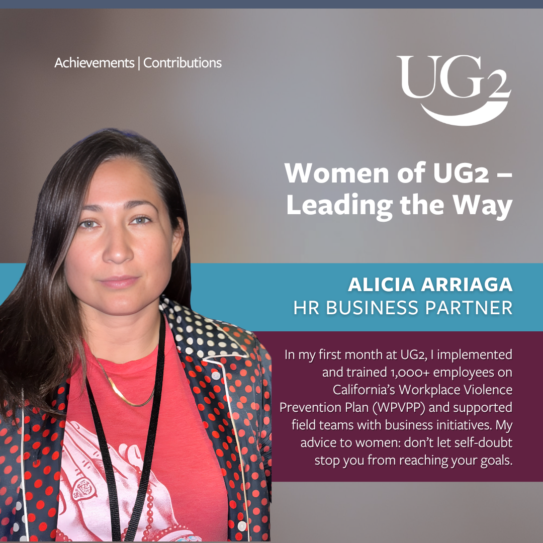 A woman in a red shirt and badge stands beside text celebrating Alicia Arriaga, HR Business Partner, for leading the way in workplace violence prevention at UG2.