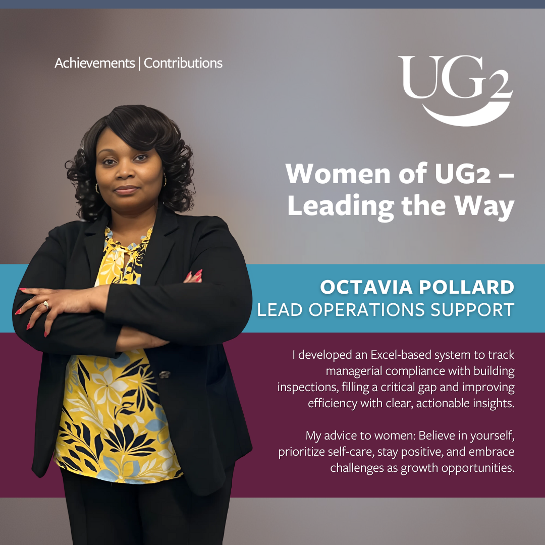 A woman in business attire stands with folded arms; text highlights her achievements in operations support, advice on leadership and self-care at UG2, and how she’s leading the way for others in her field.