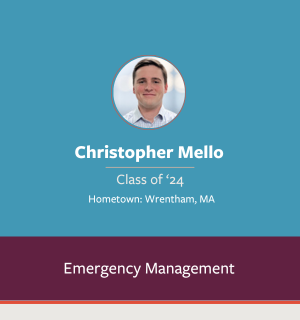 A headshot of Christopher Mello is centered above text stating "Class of '24," "Hometown: Wrentham, MA," and "Emergency Management." Soon to join the ranks of distinguished alumni, his journey is just beginning.