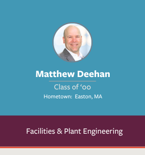 Professional headshot of Matthew Deehan, Class of ‘00 from Easton, MA, with a label indicating Facilities & Plant Engineering.